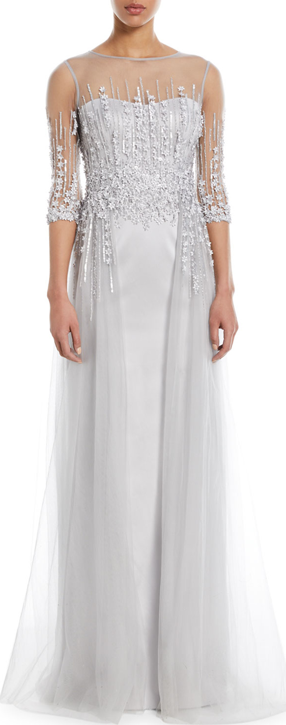 Rickie Freeman for Teri Jon Embellished Satin Illusion Trumpet Gown