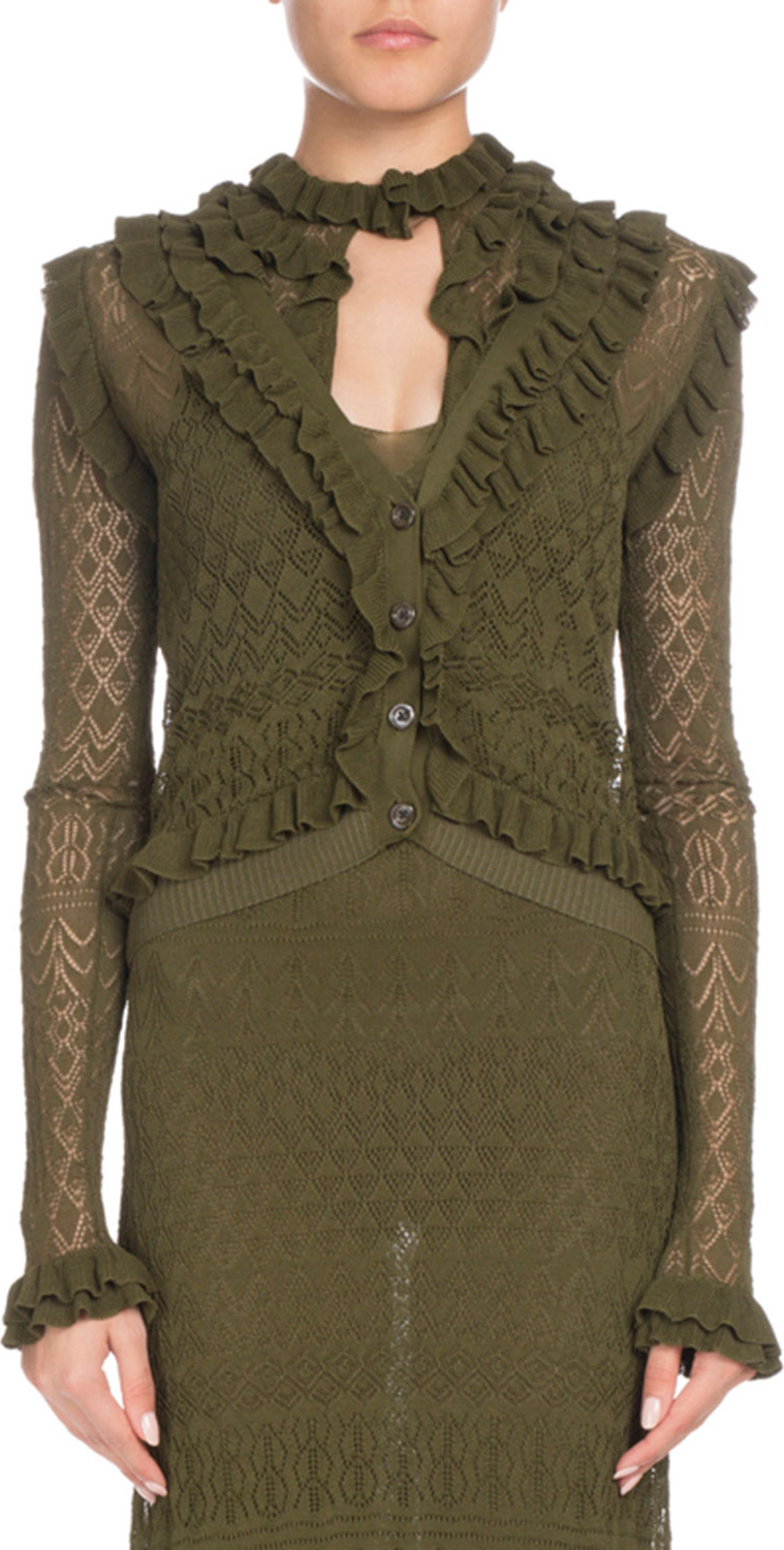 Altuzarra Kozmic Button-Front Long-Sleeve Ruffled Pointelle Lace Knit Cardigan