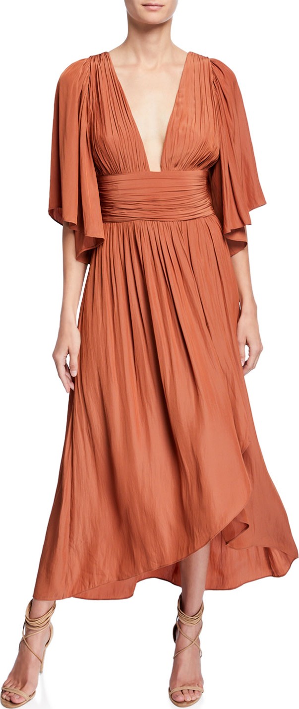 Ramy Brook Kinslie Shirred Plunging High-Low Long Dress
