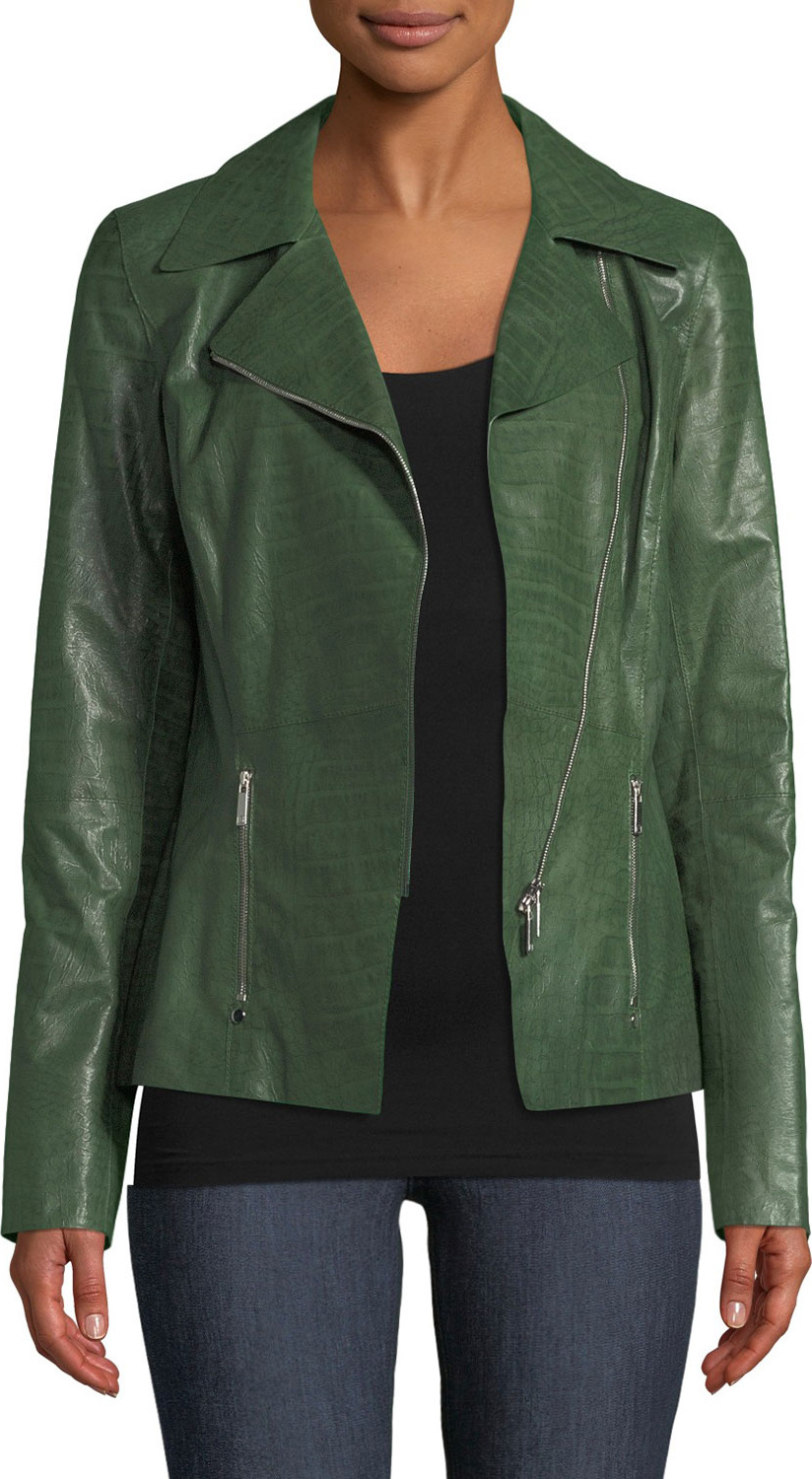 Lafayette 148 New York Julius Zip-Front Crocodile-Embossed Leather Jacket