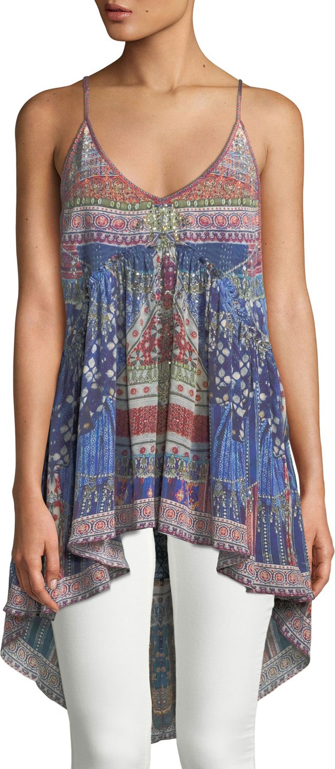 Camilla Printed Silk High-Low Tank Top