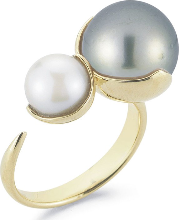 Mizuki Fluid Double Pearl Open Ring in 14K Yellow Gold