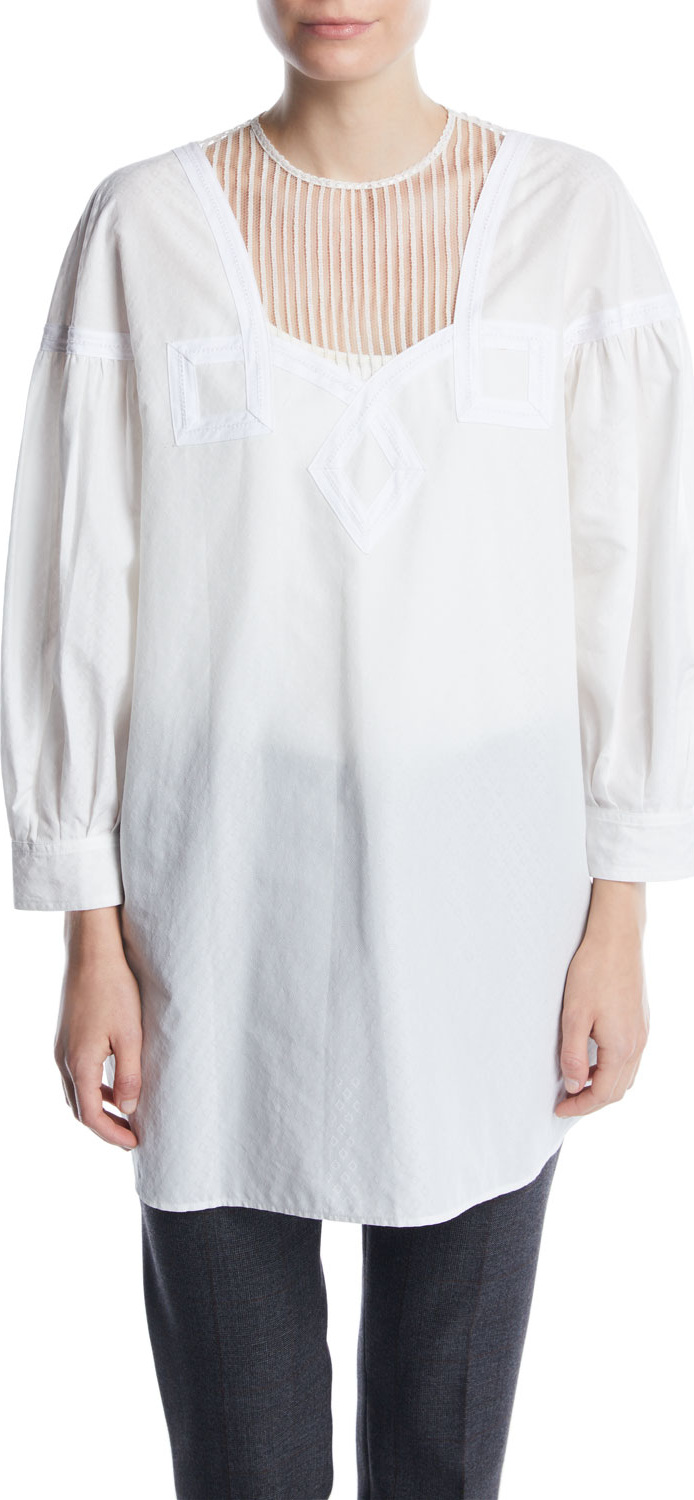 Calvin Klein 205W39NYC Full-Sleeve Cotton Prairie Top w/ Diamond Embroidery at Neck