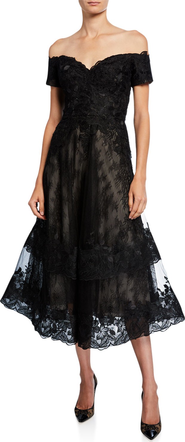 Rickie Freeman for Teri Jon Off-the-Shoulder Sweetheart Short-Sleeve Lace Overlay Illusion Dress