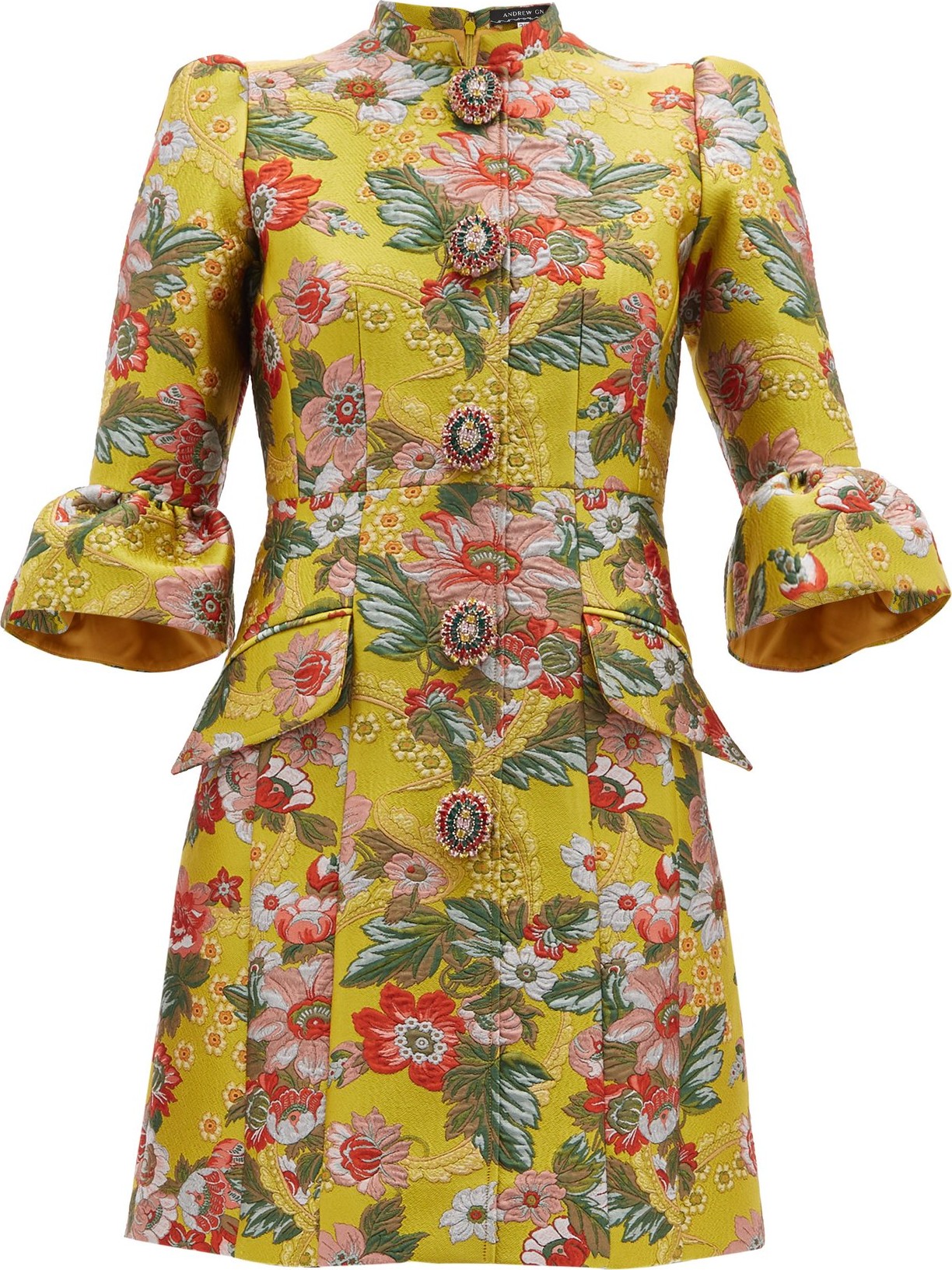 Andrew Gn Fluted-sleeve floral-brocade mini dress