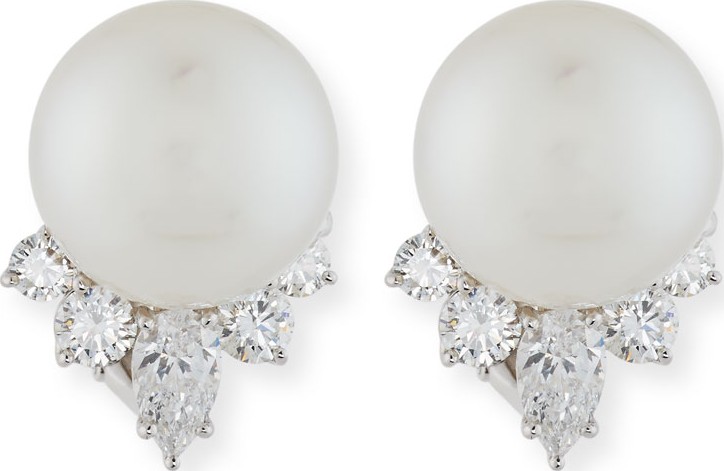 Assael Pearl & Pear-Shaped Diamond Earrings in Platinum