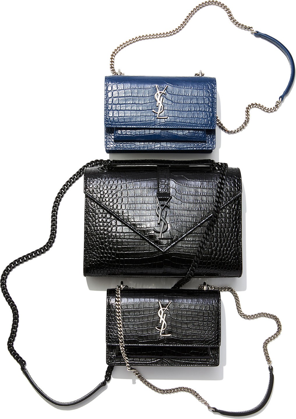 Saint Laurent Sunset Monogram YSL Small Crocodile Embossed Wallet on Chain