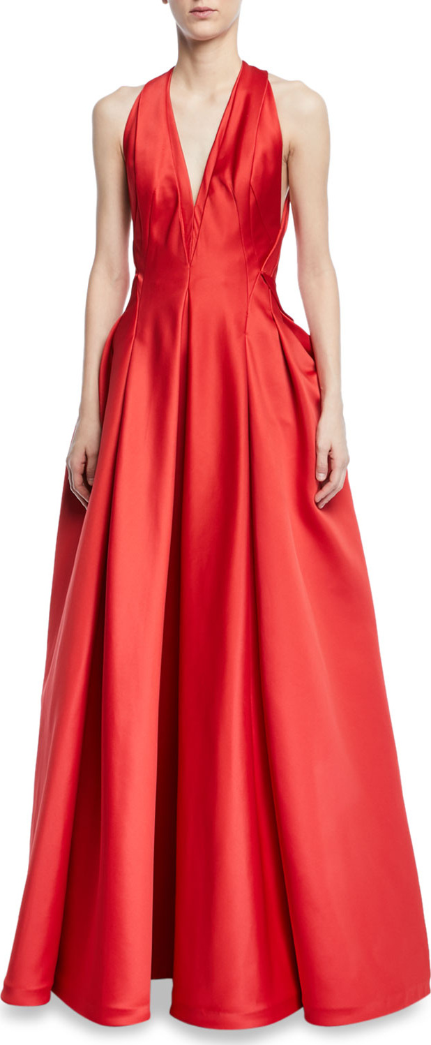 Zac Posen Deep V-Neck Full-Skirt Gown