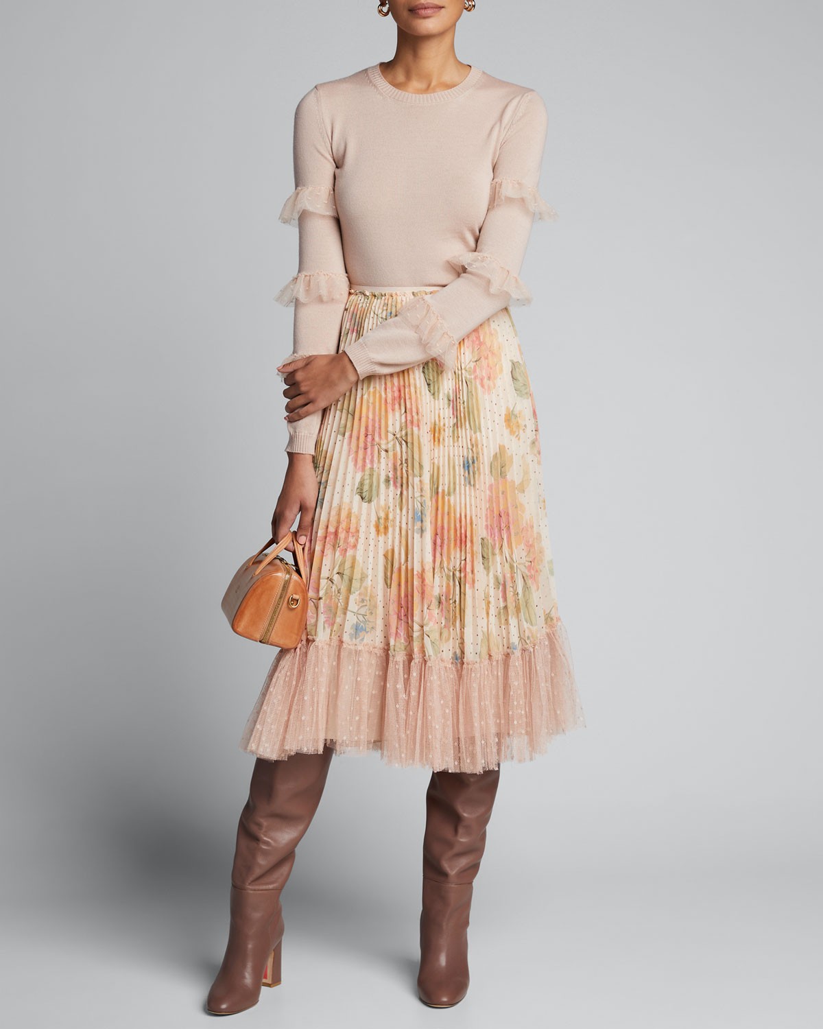 RED Valentino Floral Pleated Midi Skirt