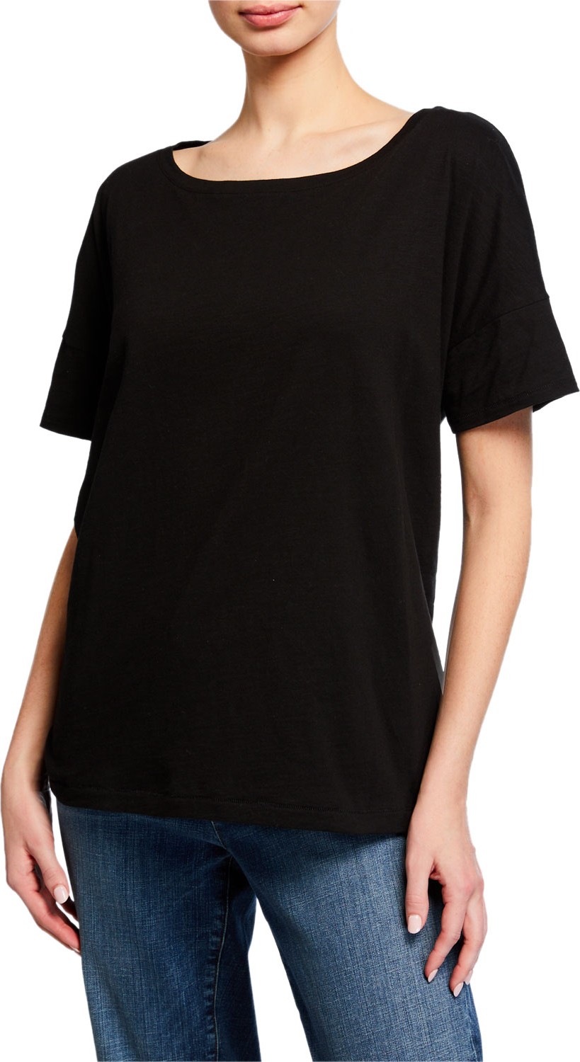 Eileen Fisher Bateau-Neck Short-Sleeve Slub Cotton Jersey Tee