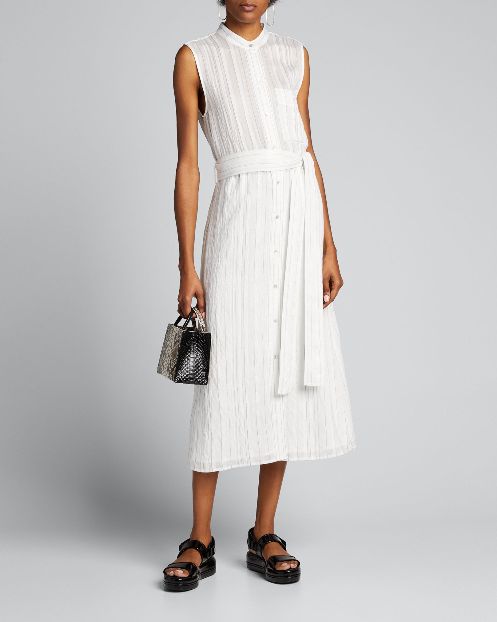 Vince Striped Sleeveless Drapey Shirtdress