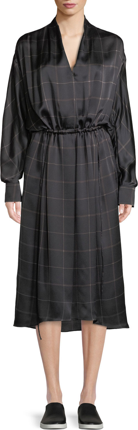 Vince Long-Sleeve Plaid Midi Dress