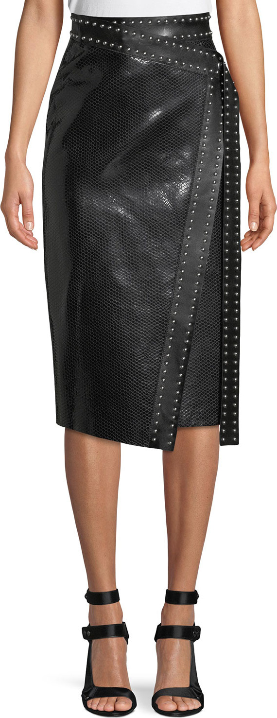 Alexander McQueen Python-Embossed Lamb-Leather Midi Wrap Skirt w/ Studs