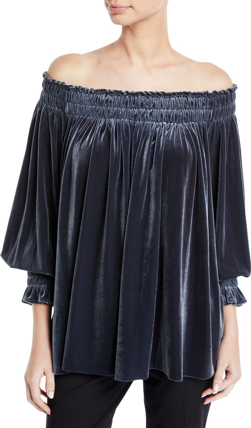 Norma Kamali Velvet Peasant Top, Pewter