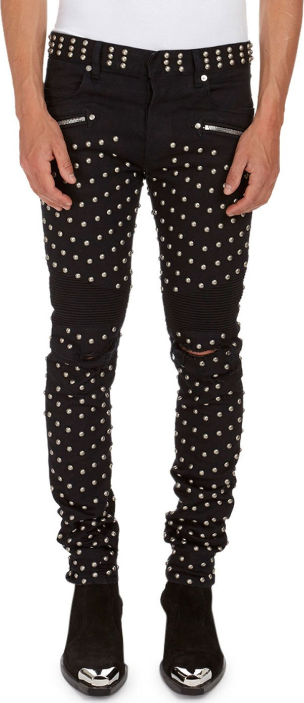 Balmain Allover-Studded Stretch-Cotton Skinny Jeans