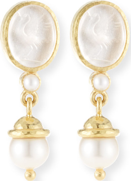 Elizabeth Locke 19k Gold Crane Intaglio & Akoya Pearl Drop Earrings
