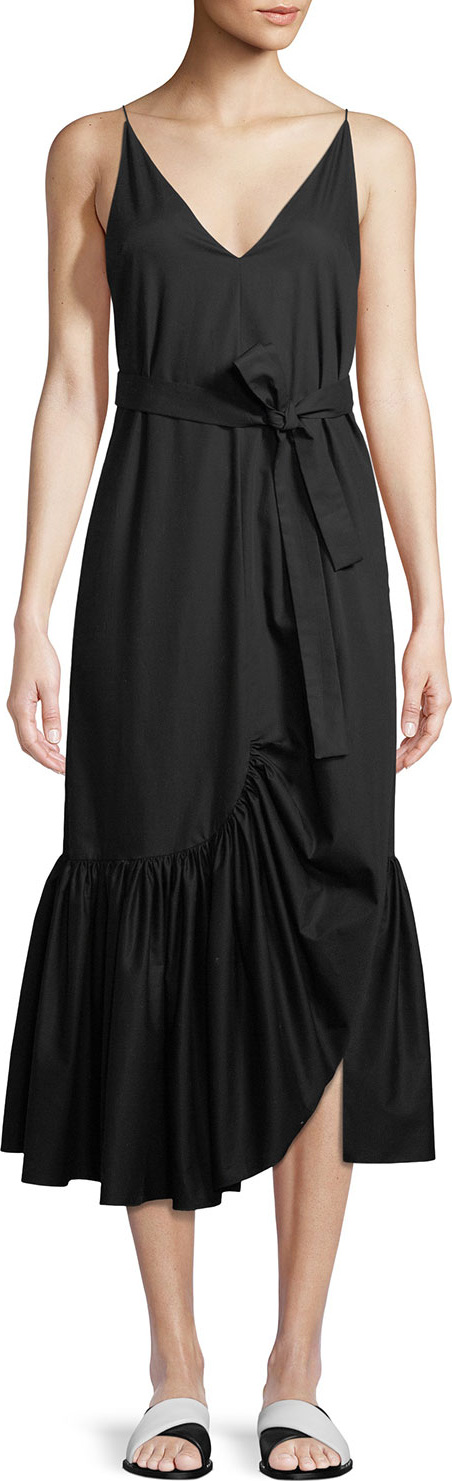 Rosetta Getty V-Neck Sleeveless Ruffle Camisole Cotton Poplin Dress