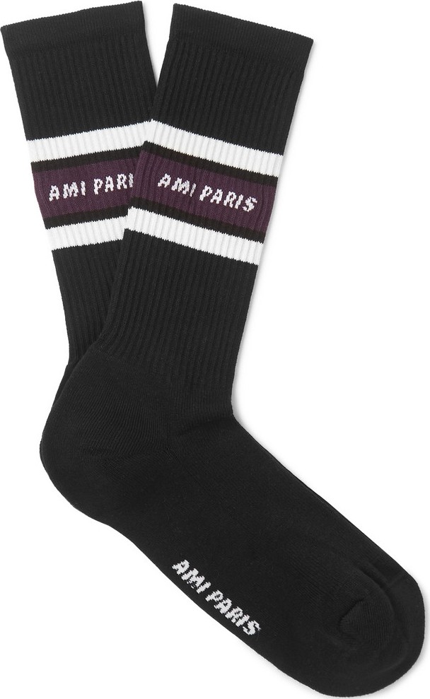 AMI Logo-Intarsia Striped Stretch Cotton-Blend Socks AMI Logo-Intarsia Striped Stretch Cotton-Blend Socks