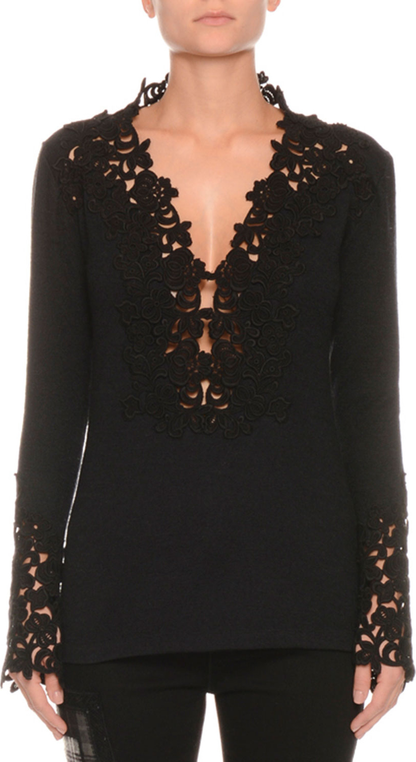 Ermanno Scervino Long-Sleeve V-Neck Floral-Lace Pashmina Top