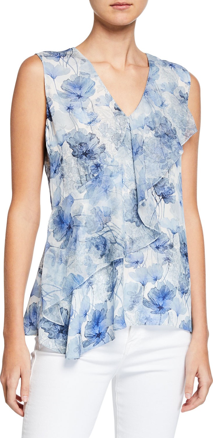 Elie Tahari Eda Floral Watercolor-Print V-Neck Sleeveless Blouse w/ Flounce Trim