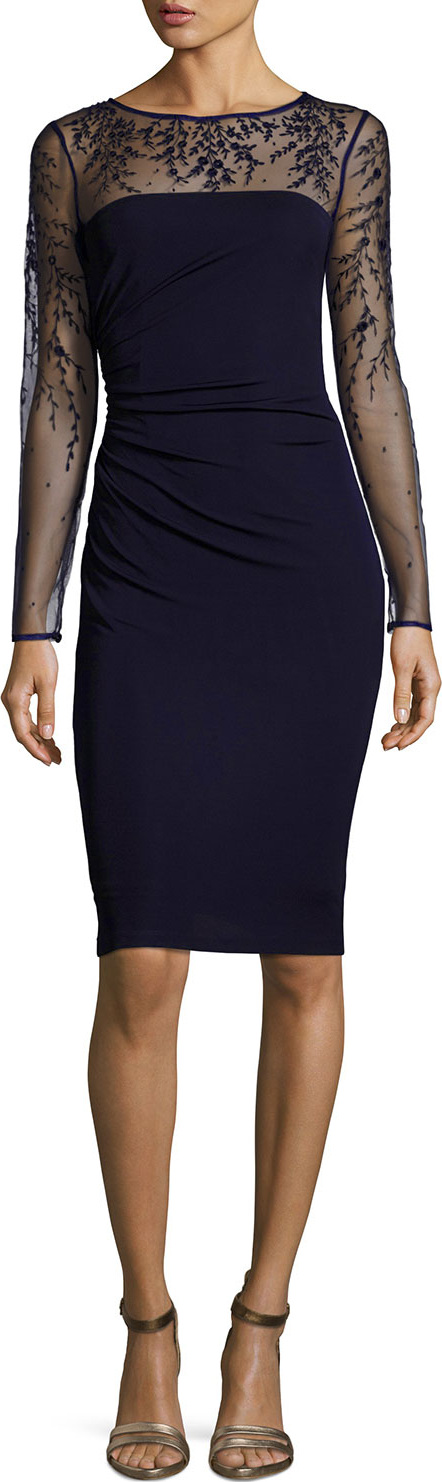 David Meister Long-Sleeve Jersey Illusion Cocktail Dress, Dark Navy