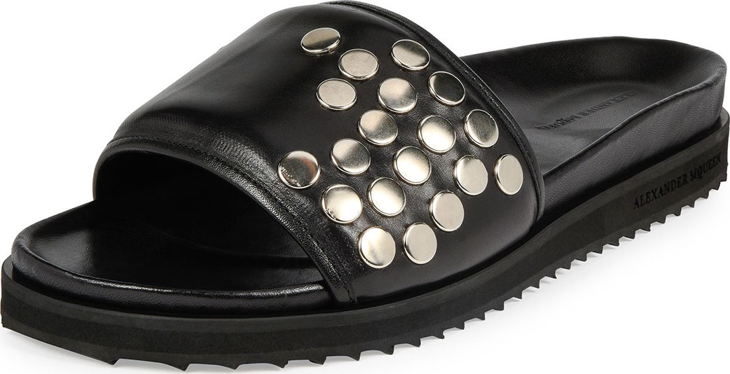 Alexander McQueen Men's Studded Leather Slide-On Sandals, Black