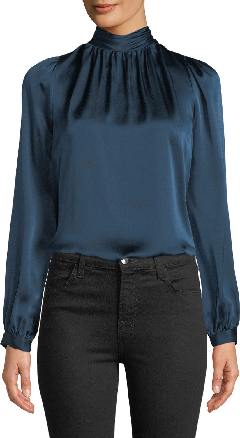 Veronica Beard Chilton Shirred Silk Organza High-Neck Top