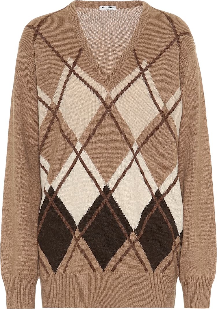 Miu Miu Argyle camel-wool sweater