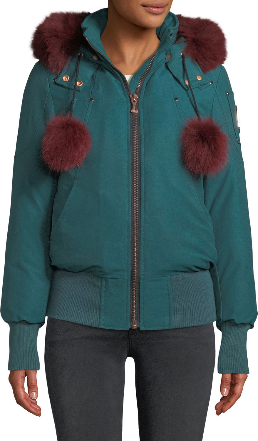 Moose Knuckles Yorkdale Bomber Jacket w/ Fur Pompoms & Detachable Hood