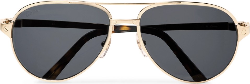 Cartier Santos de Cartier Aviator-Style Leather-Trimmed Gold-Tone Sunglasses