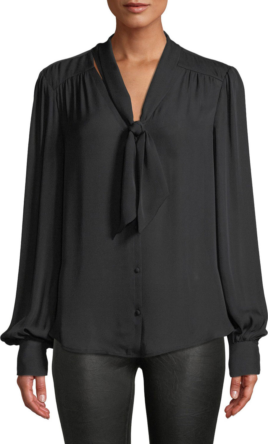 PAIGE Cleobelle Silk Tie-Neck Button-Down Blouse