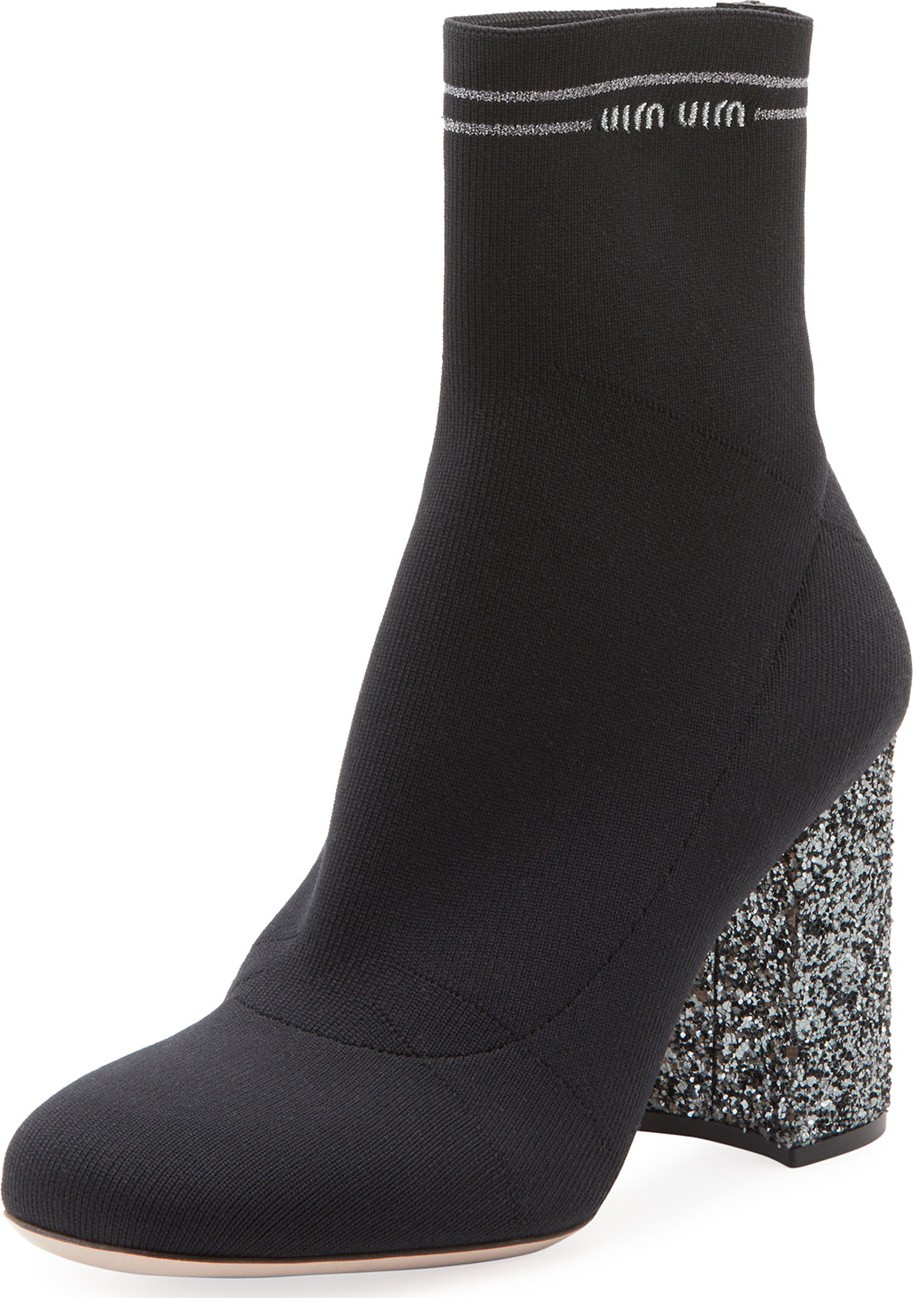 Miu Miu Glitter-Heel Metallic Sock Knit Booties