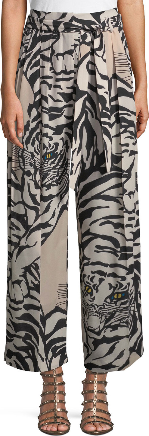 Valentino Tiger-Print Silk Pull-On Pants