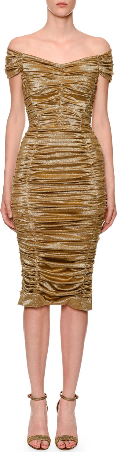 Dolce & Gabbana Off-The-Shoulder Ruched Metallic Satin Dress Dolce & Gabbana Off-The-Shoulder Ruched Metallic Satin Dress