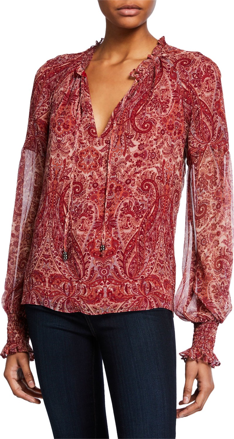 Ramy Brook Luanne Paisley-Print V-Neck Blouson-Sleeve Top