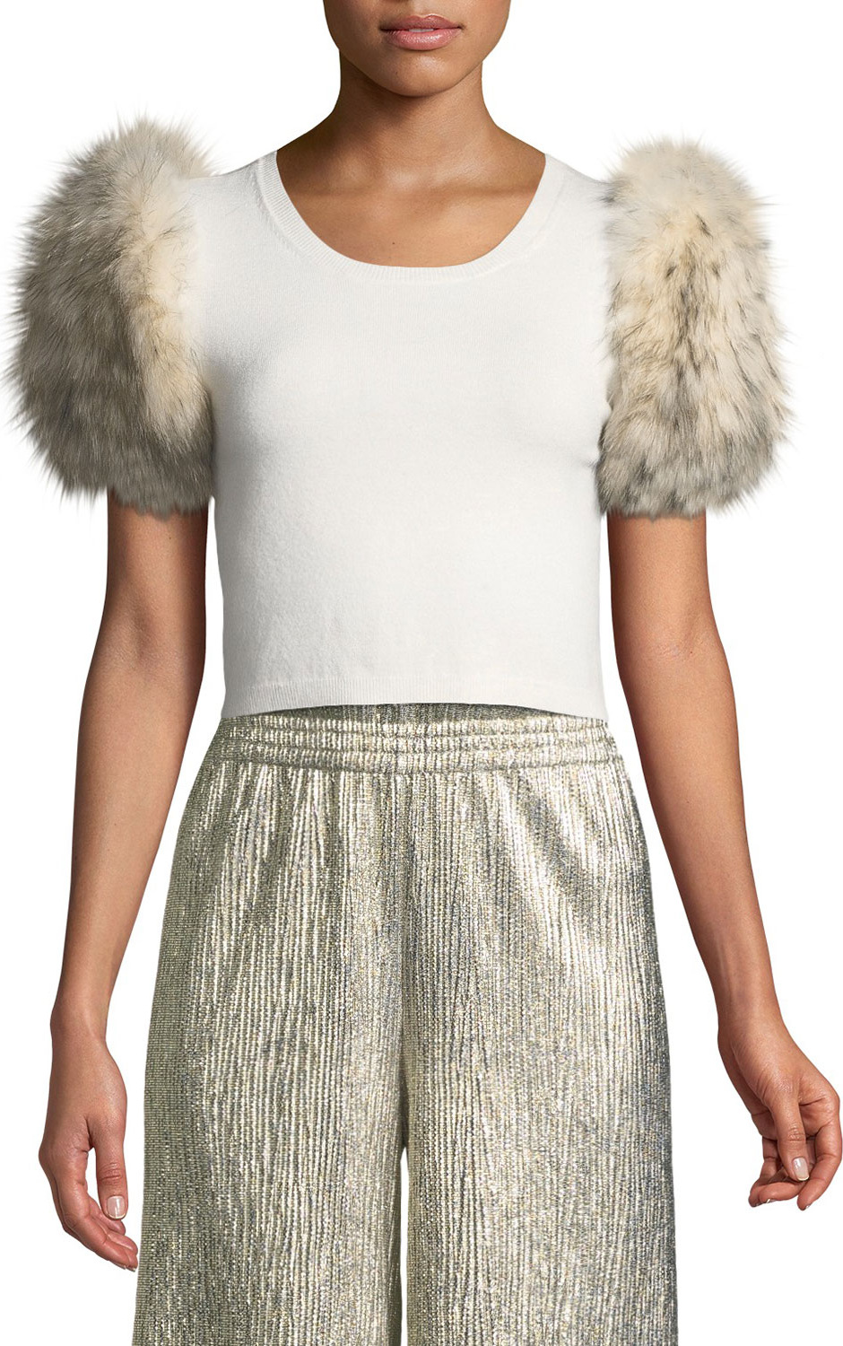 Alice + Olivia Ciara Fur-Sleeve Cropped Sweater