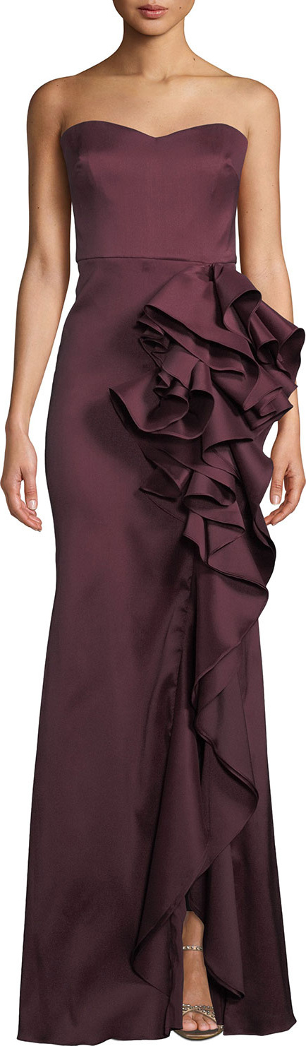 Badgley Mischka Strapless Mikado Cascading Ruffle Gown