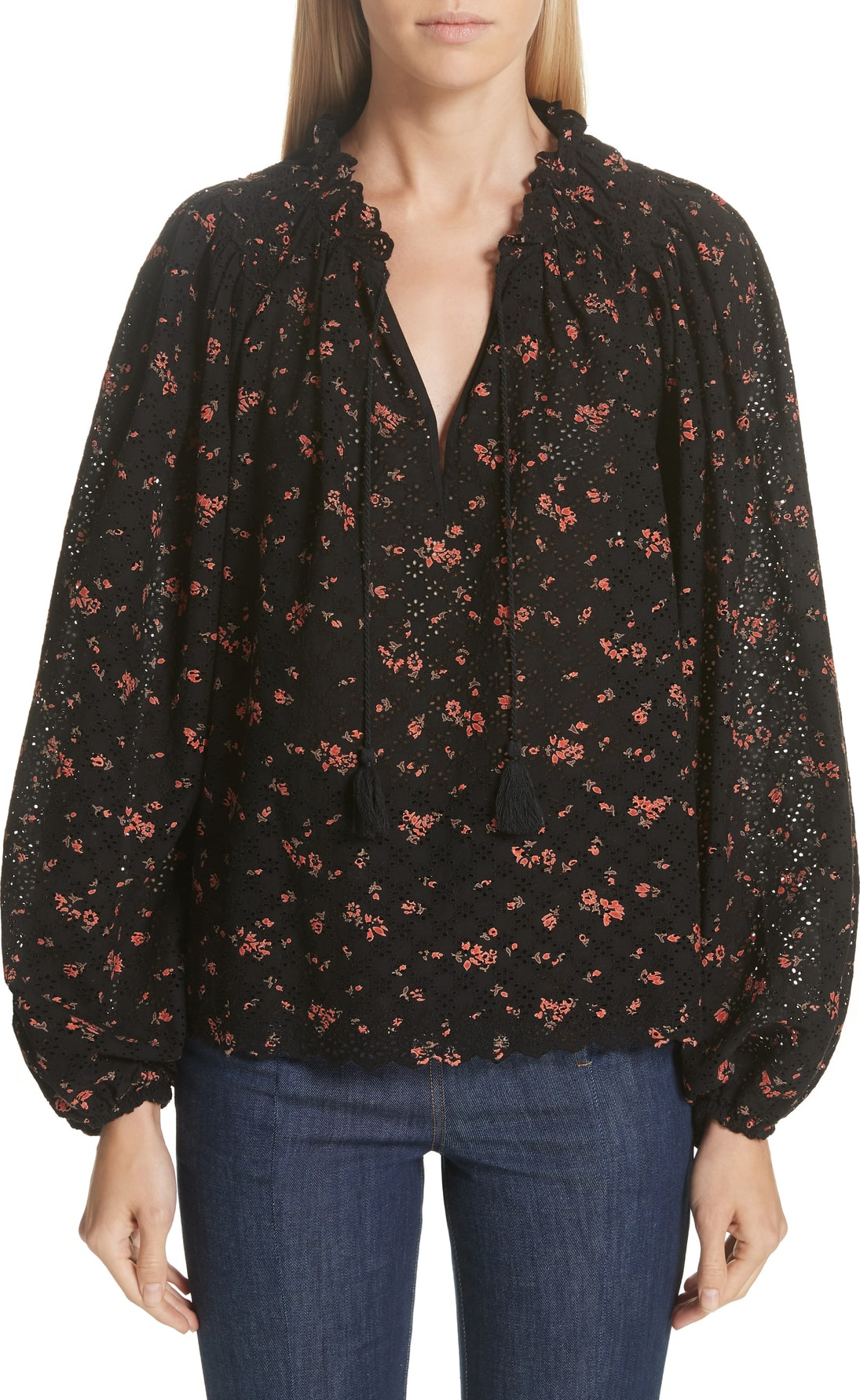 Ulla Johnson Siarah Floral Print Broderie Anglaise Blouse