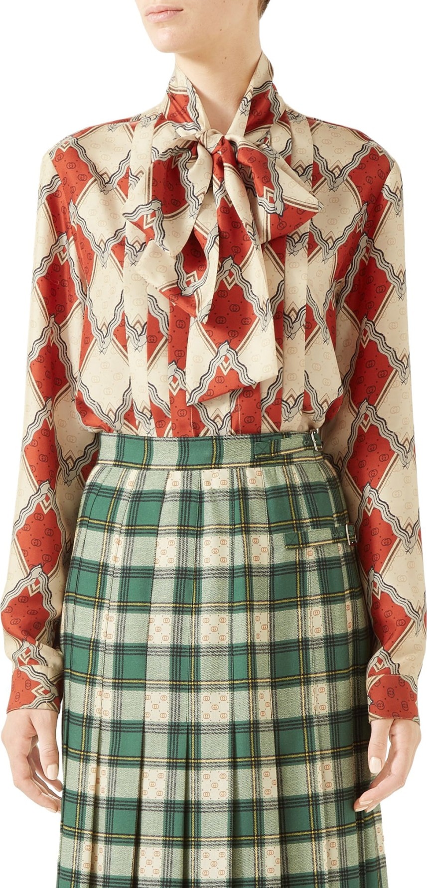 Gucci Rhombus Print Silk Tie Neck Blouse